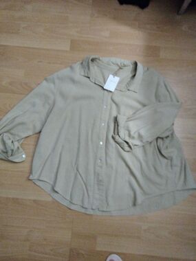 French Flax Organic 100 % Linen Button-Front Blouse in Light Beige - Women Tops